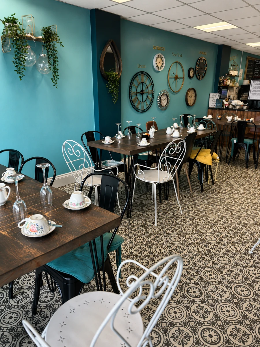 Cafe Latte dining room with teal walls, tables and tea settings