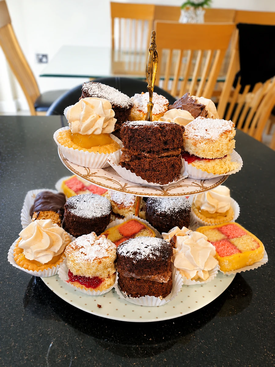 A selection of cakes and sweet treats on a tiered stand