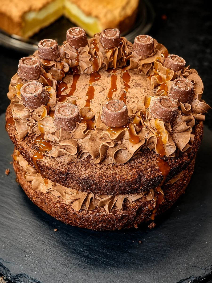 A rich chocolate cake with caramel and chocolate decorations