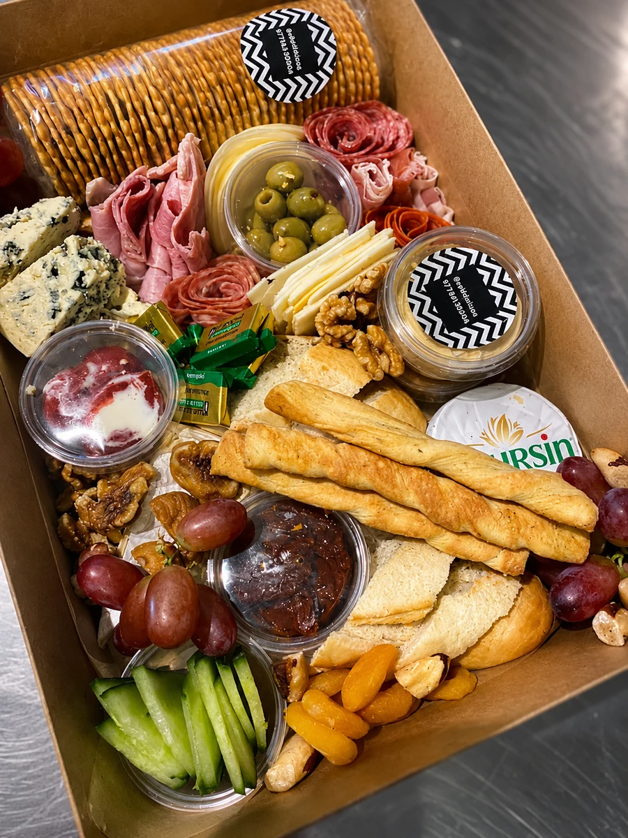A Cafe Latte sharing box with cheeses, cured meats, crackers and fruit
