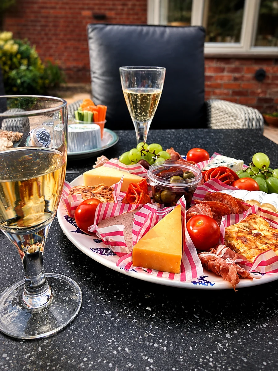 A sharing platter with cheeses, cured meats, fruit and savoury pastries