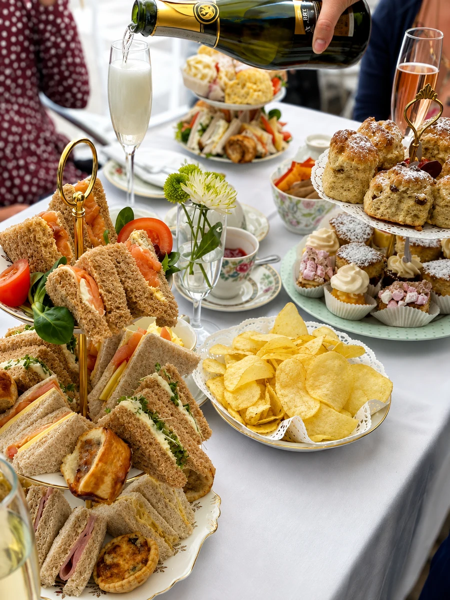 Afternoon tea with cakes, scones, sandwiches and tea service